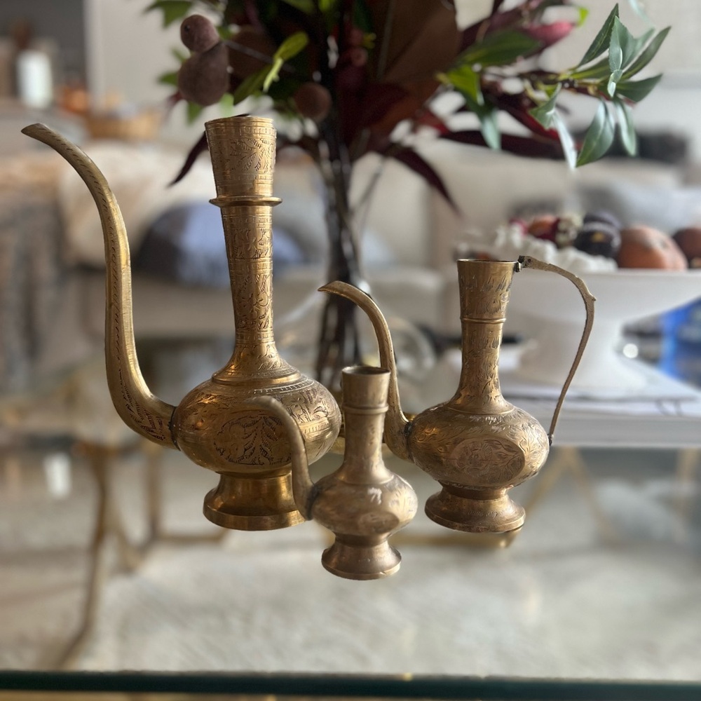 Vintage Brass Etched Pitcher Set (3 Pieces, Boho Décor)